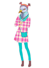 fashion animal illustration, anthropomorphic design, furry art, hand drawn illustration of bird girl dressed up in scarf drinking coffee 