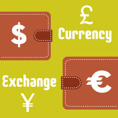 Abstract colorful illustration with two wallets, various money symbols and the text currency exchange written with white letters