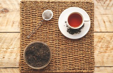 Morning cup of tea on a wooden table