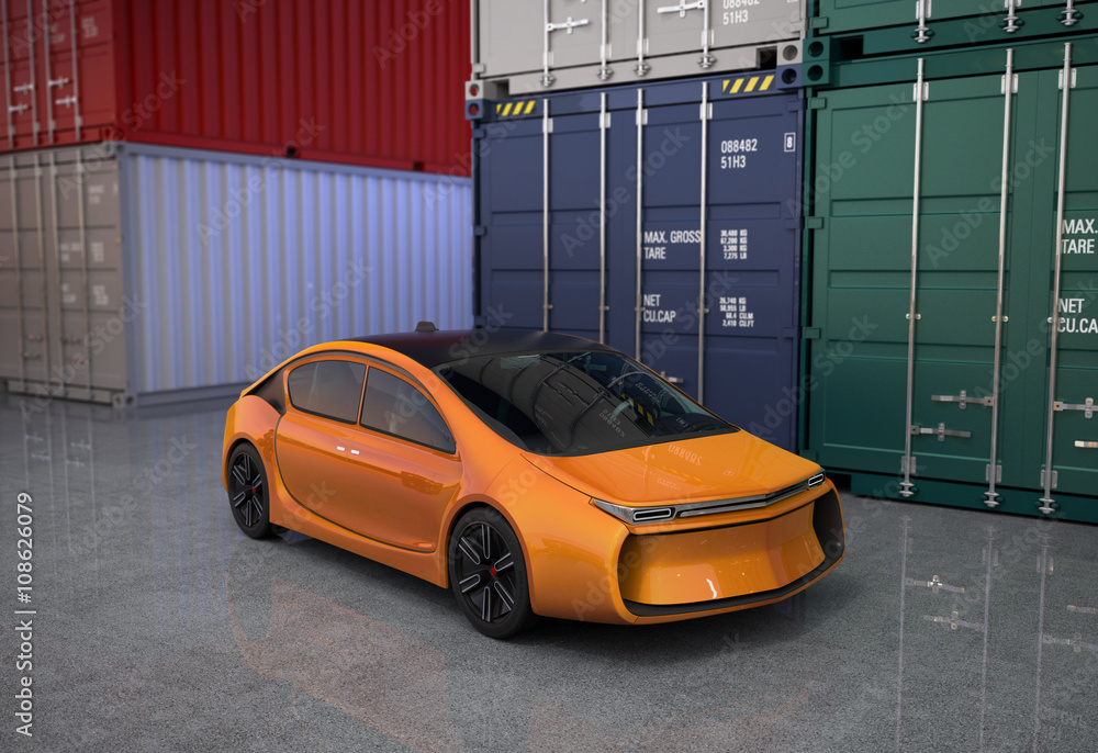 Poster orange car in cargo containers area. 3d rendering image.