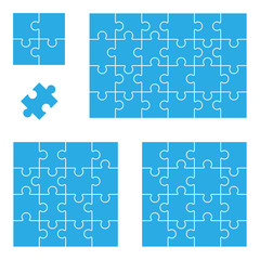 Jigsaw puzzle pattern template in different sizes. Isolated illustration of puzzle piece set.