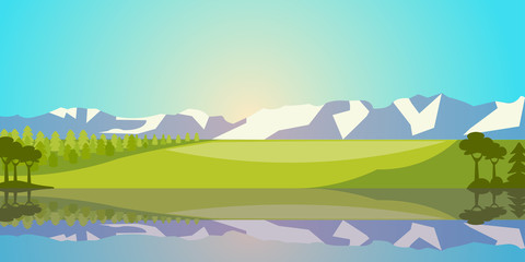 Fototapeta premium Wektor krajobraz z jeziorem, polem i górami. Wiejska sceneria ilustracja.