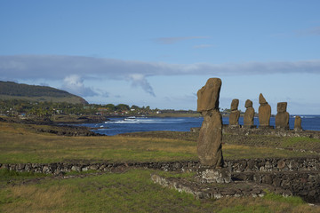 Ahu Tahai. Ancient Moai statues on the coast of Rapa Nui (Easter Island)