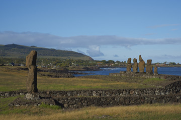 Ahu Tahai. Ancient Moai statues on the coast of Rapa Nui (Easter Island)