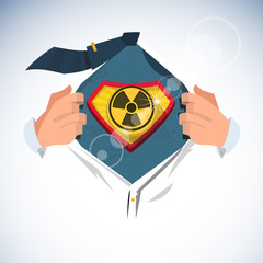 smart man open shirt to show " radioactive symbol " in superhero