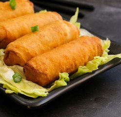 Spring Rolls on dark moody background, selective focus
