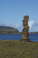Hanja Kio. Ancient Moai statue on the coast of Rapa Nui (Easter Island)