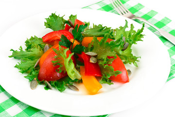 Healthy and diet food: Lettuce, tomato, pepper, seeds, oil, salt