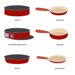 Kitchenware. Set of tins and pans, names cake tin, removable-bottomed tin, pie tin, frying, saute pan, pancake pan. Different kinds of tins and pans, names. Flat icons of tins and pans with names.