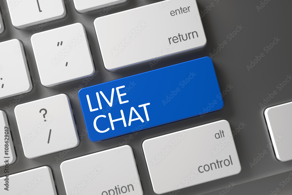 Poster live chat concept modern keyboard with live chat on blue enter button background, selected focus. ke