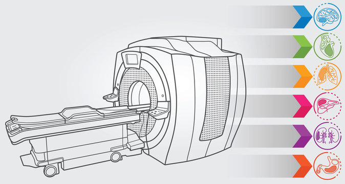 Illustration of MRI machine with simple design elements, clean line art for web and print design appealing for sport theme.