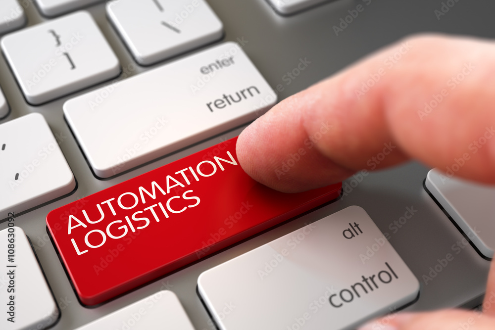 Poster computer user presses automation logistics red key. hand of young man on automation logistics red ke
