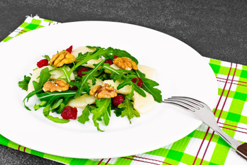 Dietary Delicious Salad on White Plate of Arugula, Par, Walnut a