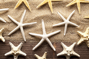 Starfishes and shells on sand and wooden planks