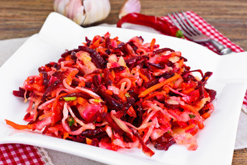 Healthy and Diet Food: Salad with Beets, Onions, Carrots