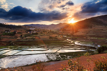 Beautiful sunset over the hills and rice fields in Madagascar