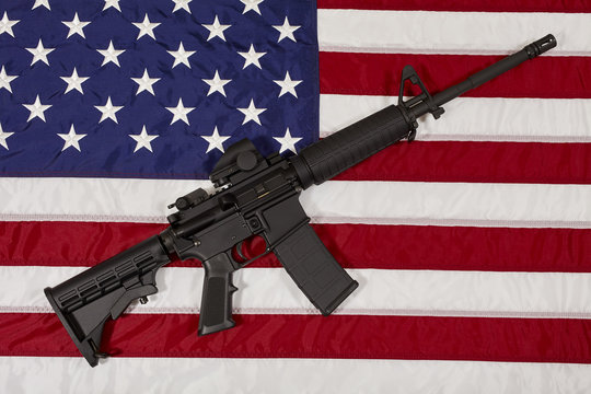 AR15 M4A1 M16 Style Weapon Automatic Rifle on USA Flag