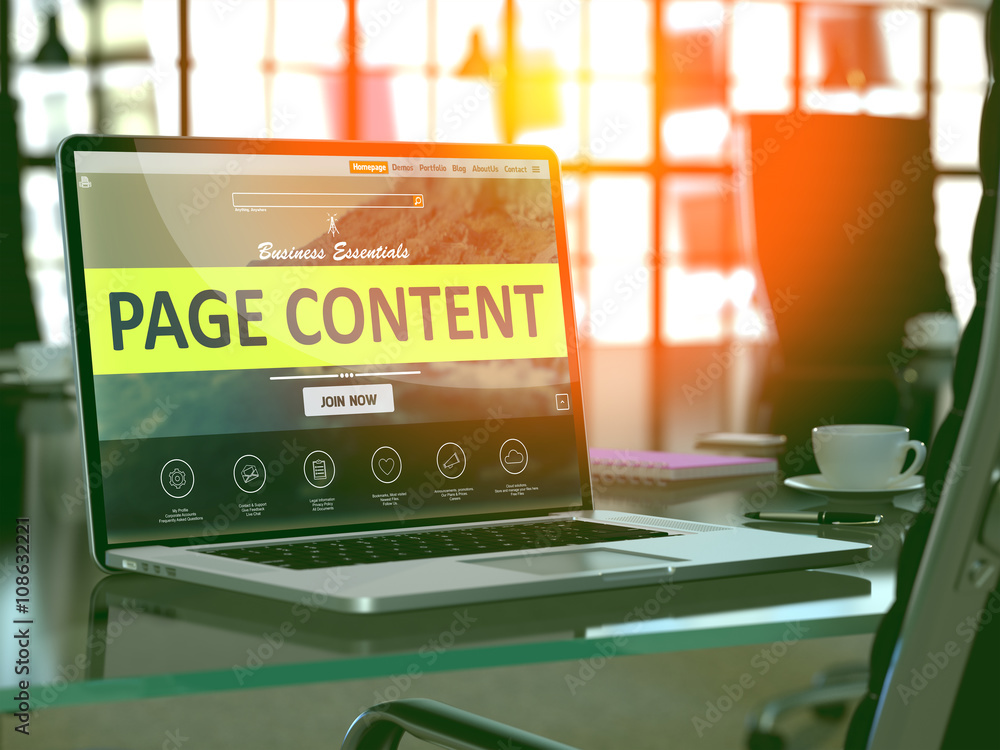 Poster modern workplace with laptop showing landing page with page content concept. toned image with select
