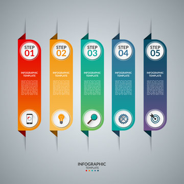 Infographic concept with 5 vertical tabs. Vector template with a set of business icons and design elements. Origami style.