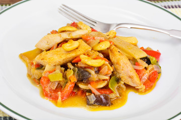 Chicken with Cashew Nuts, Vegetables and Soy Sauce. Asian Cuisin