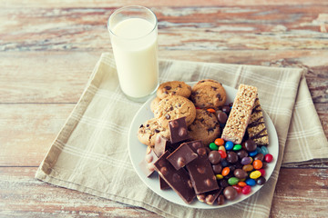 close up of sweet food and milk glass on table