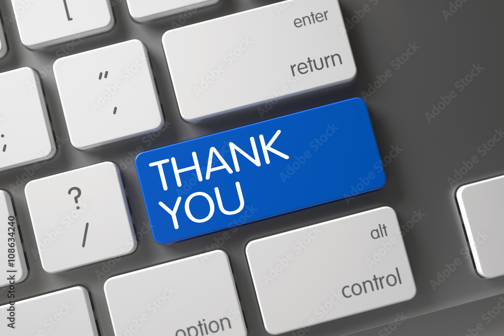 Poster modern laptop keyboard with hot button for thank you. computer keyboard keypad labeled thank you. th