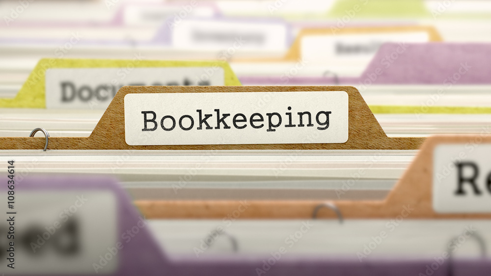 Poster bookkeeping - folder register name in directory. colored, blurred image. closeup view. 3d render.