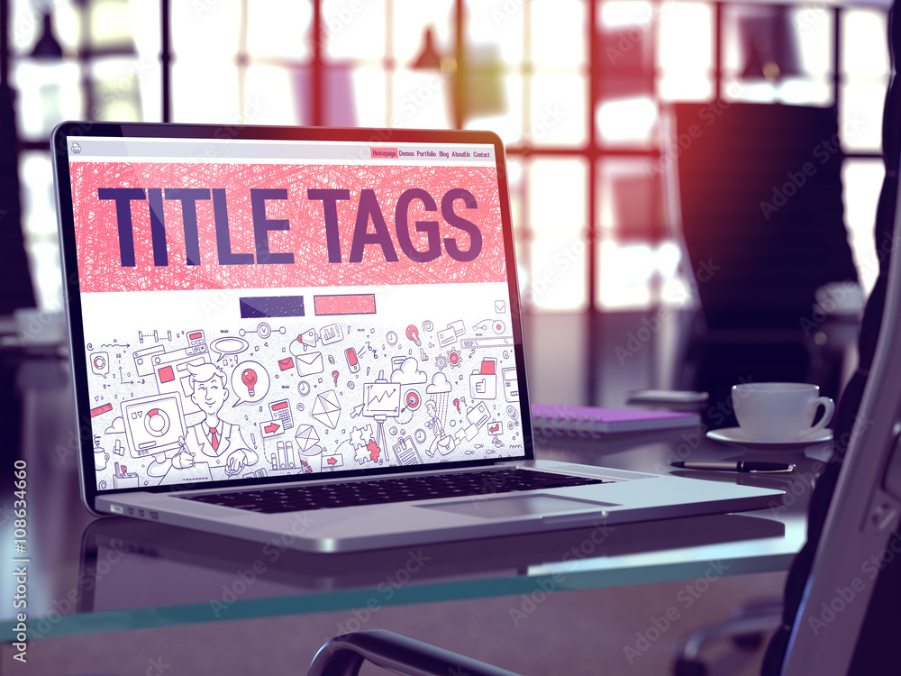Poster modern workplace with laptop showing landing page in doodle design style with text title tags. toned