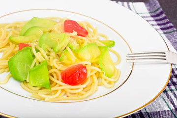 Spaghetti with Zucchini, Tomatoes, Parmesan Cheese, Garlic