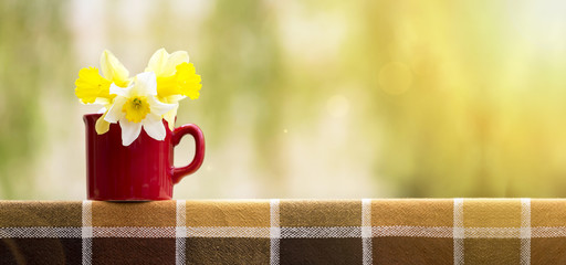 Easter flowers in a red cup - website banner with copy space