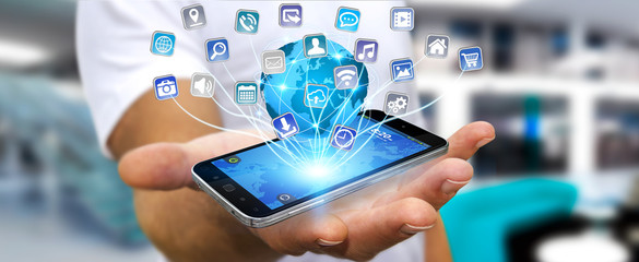 Businessman using modern digital mobile phone applications
