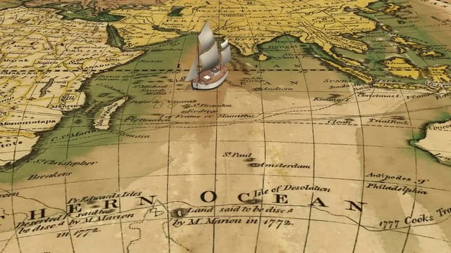 Cartoon old sailing ship moves on the grunge stained ancient map of the world background. Dolly shot. Decorative 3D animation.