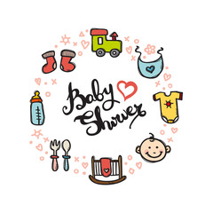 Vector Baby Shower doodle style circle frame with hand lettered inscription