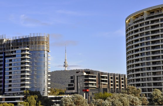 partial view of modern apartment building towards the Telstra Tower, Canberra ACT Australia