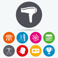 Hairdresser icons. Scissors cut hair symbol.