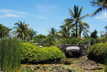 Asian tropical Park with bridges and buildings on the island of Bali.Indonesia 