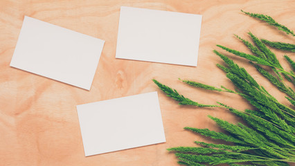 Top view of  blank postcards with whet crop on wooden table background.