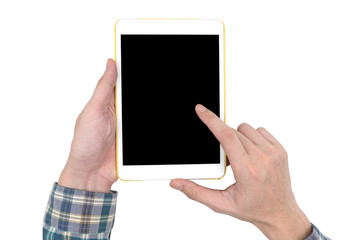 Male hands holding a white tablet touch computer gadget with touch blank black screen on white background.
