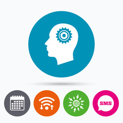 Head with gear sign icon. Male human head.