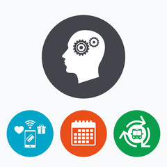 Head with gears sign icon. Male human head.