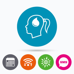 Head with drop sign icon. Female woman head