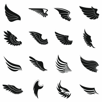 Wings icons set, black simple style