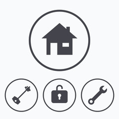 Home key icon. Wrench service tool symbol.