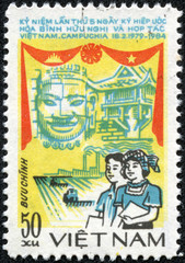 stamp of VIETNAM shows cooperation agreement between Vietnam and Kampuchea