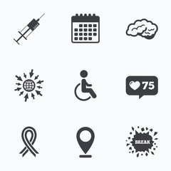 Medicine icons. Syringe, disabled, brain.