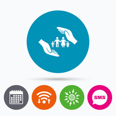 Family life insurance sign icon. Hands protect.