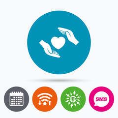 Life insurance sign icon. Hands protect cover.