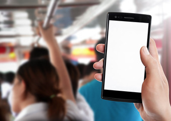 Man's hand holding mobile smartphone,People going by bus