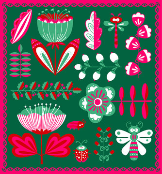 floral decorative design elements set with bugs and dragonfly in cartoon style