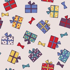 Seamless festive pattern with gifts. Birthday, holiday. Vector i